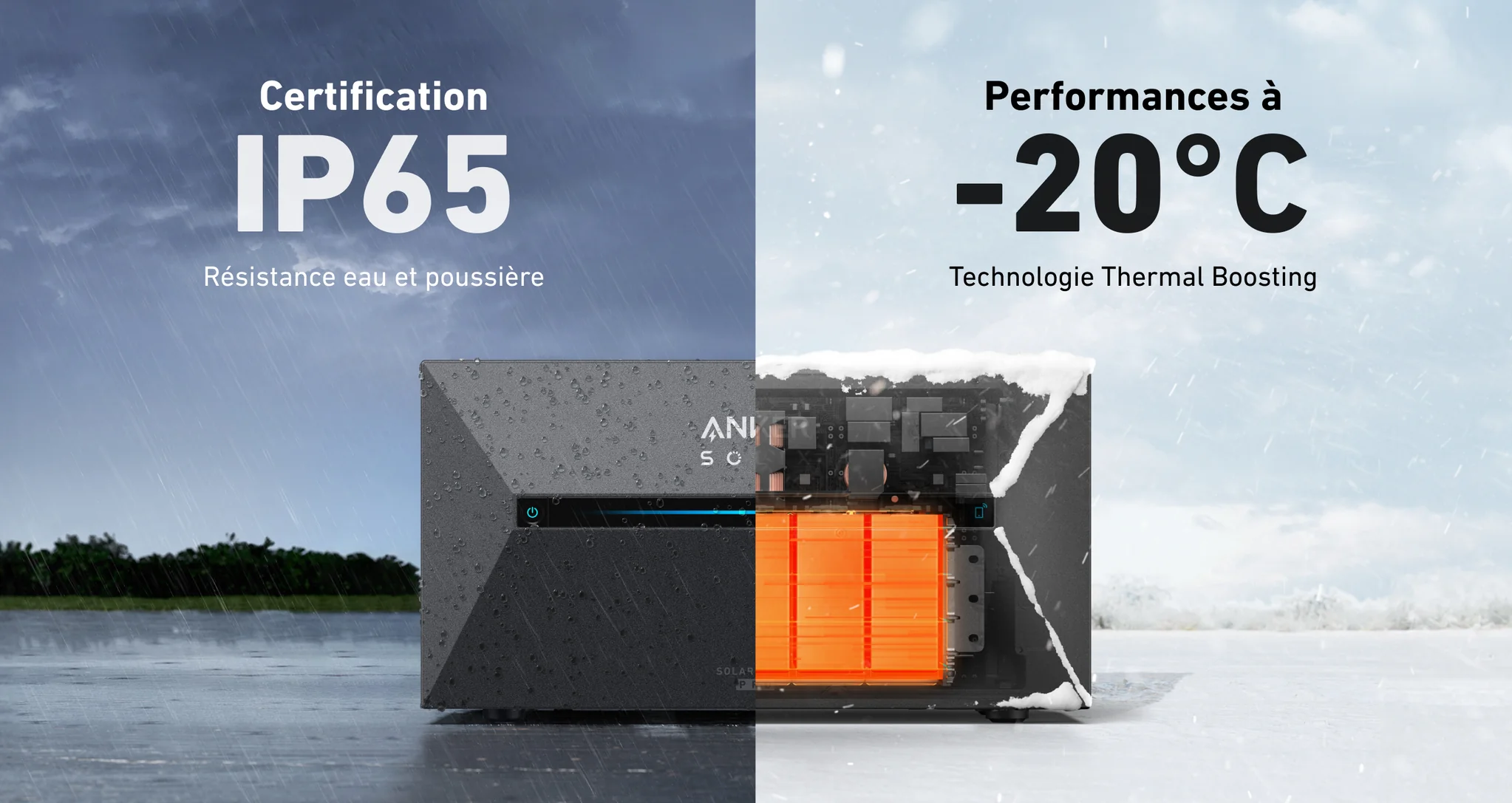 infographie batterie Anker SolarBank 2 PRO certification IP65 et performance à -20 degré
