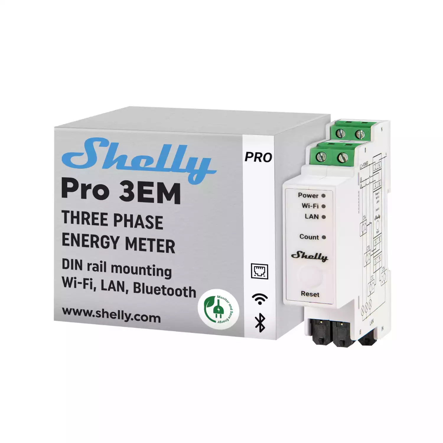 Shelly Pro 3EM - Compteur électrique triphasé connecté 120 A, LAN, Wi-Fi, Montage sur Rail DIN, Compatible avec MODBUS, Stockage données, Mesure énergie photovoltaïque, App iOS Android